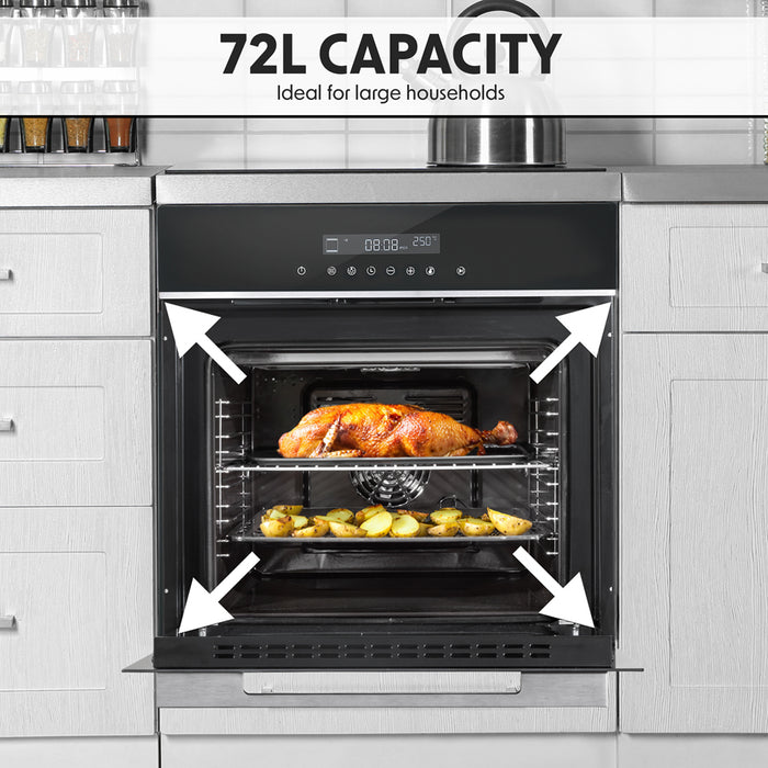 Black 60cm Integrated Single Electric Fan Oven 72L Wall Mounted Built-In Grill