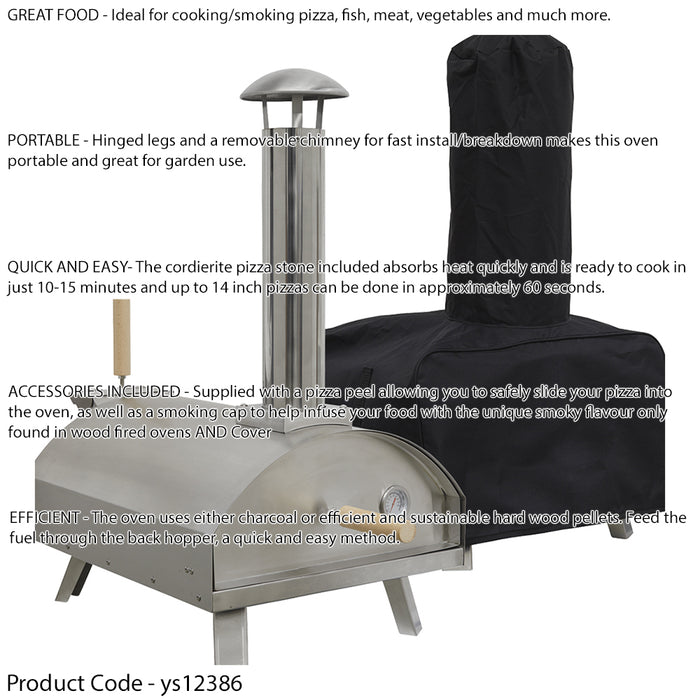 14" Portable Wood-Fired Pizza Oven Smoker & Cover Stainless Steel Outdoor Garden