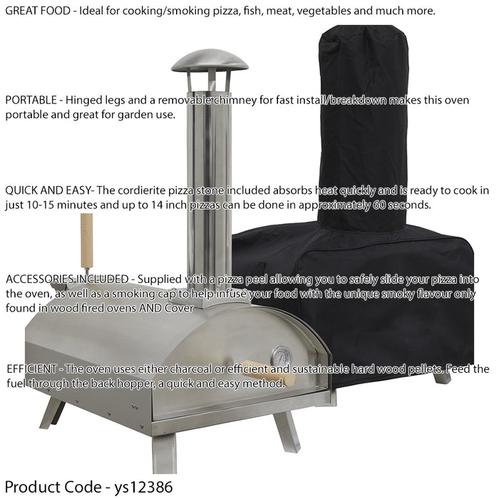 14" Portable Wood-Fired Pizza Oven Smoker & Cover Stainless Steel Outdoor Garden - LoopsDirect