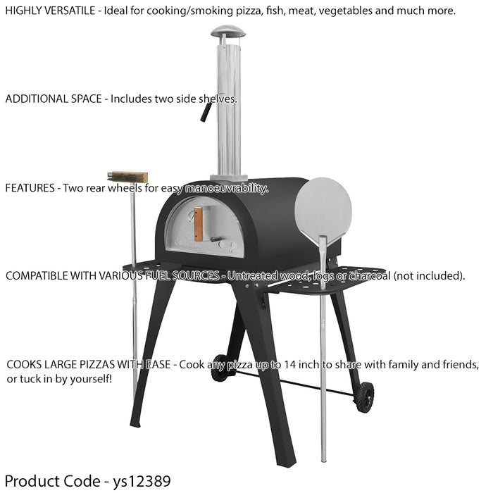 14" Outdoor Wood-Fired Pizza Oven & Smoker - Black Steel - Side Shelves & Stand - LoopsDirect