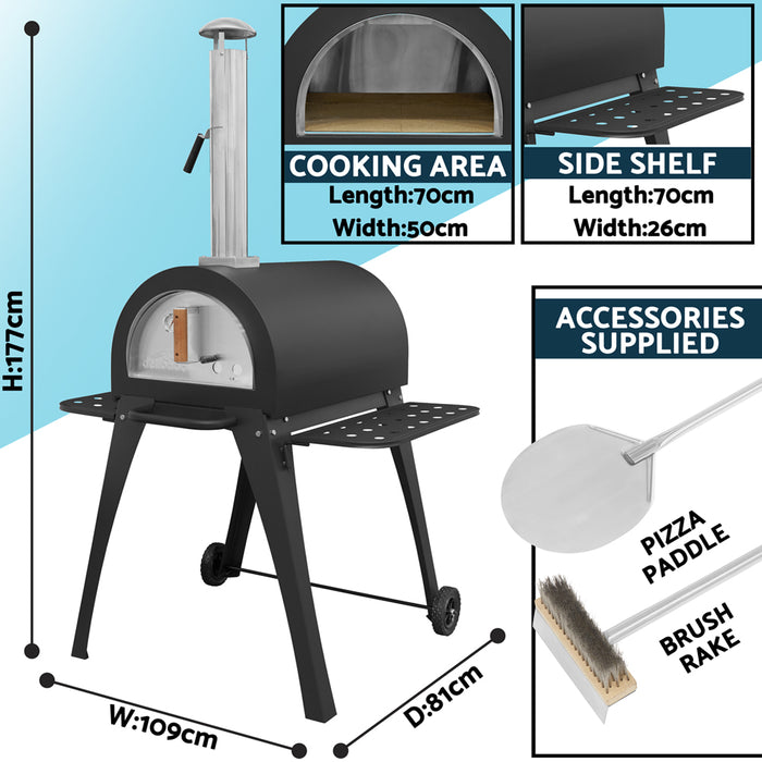14" Outdoor Wood-Fired Pizza Oven & Smoker - Black Steel - Side Shelves & Stand