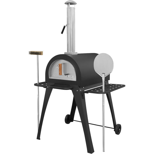 14" Outdoor Wood-Fired Pizza Oven & Smoker - Black Steel - Side Shelves & Stand