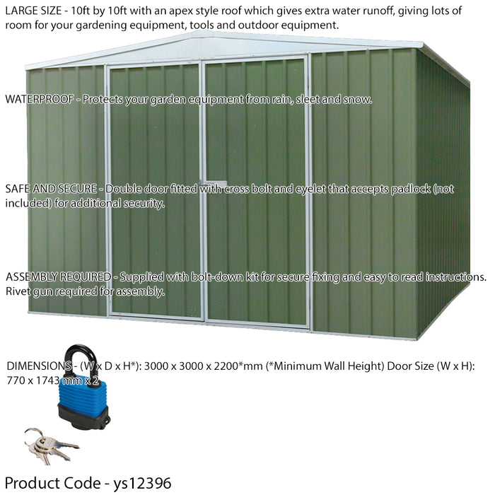 300x300cm Galvanised Steel Garden Shed - Outdoor Metal Storage & Padlock - Green