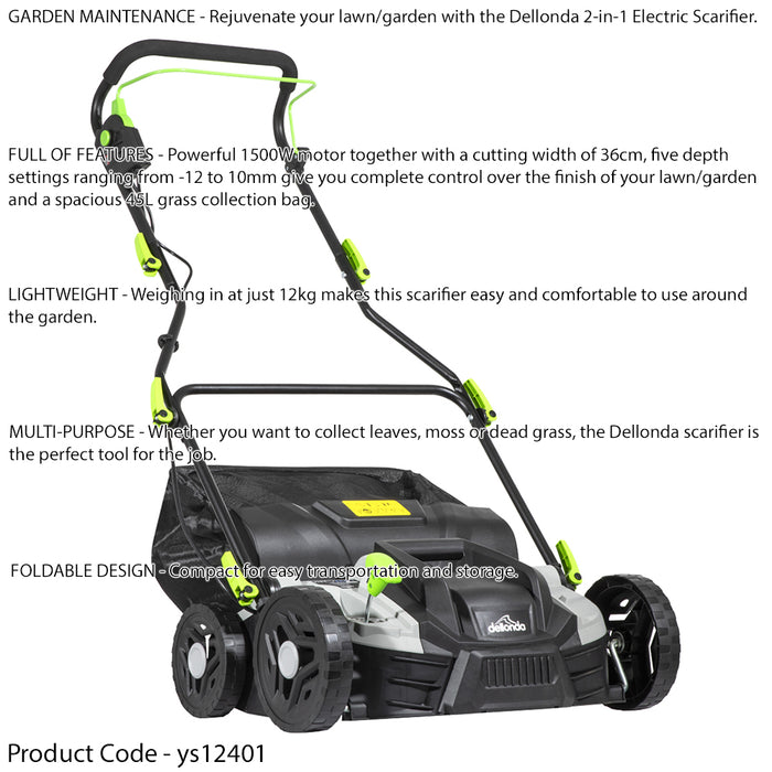 1500W Electric Scarifier - 36cm Cutting Diameter - 45L Grass Bag - 5 Heights