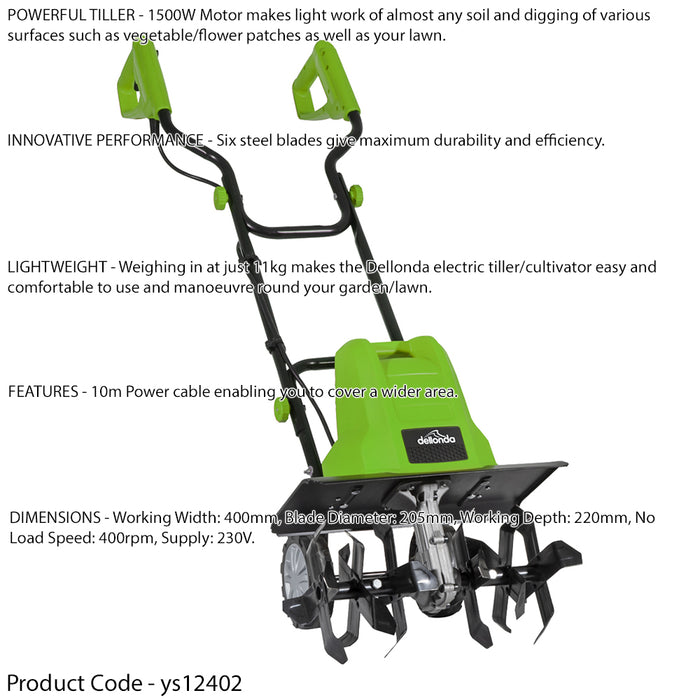 1500W Electric Rotavator / Tiller / Cultivator - 40cm 6 Blade Weeder Landscape