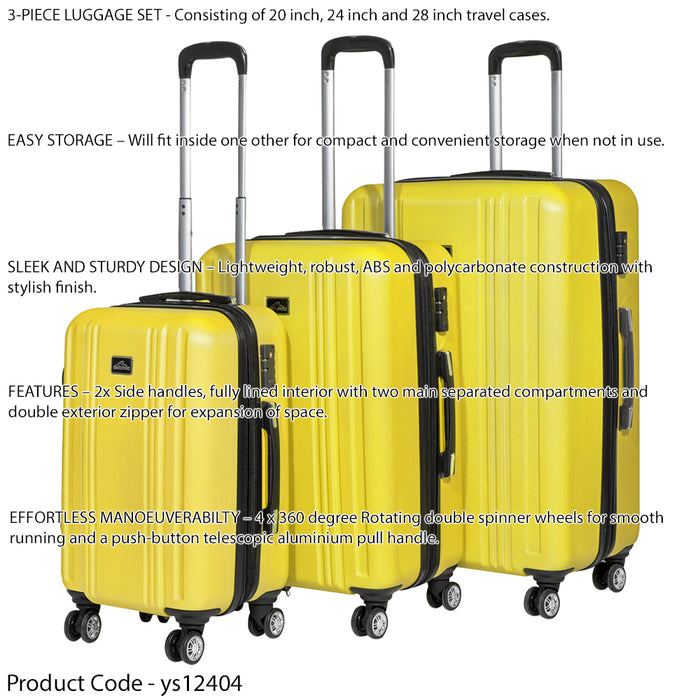 3pc Lightweight ABS Suitcase Set - Wheeled Travel Luggage Yellow 20 24 28" Cases - LoopsDirect