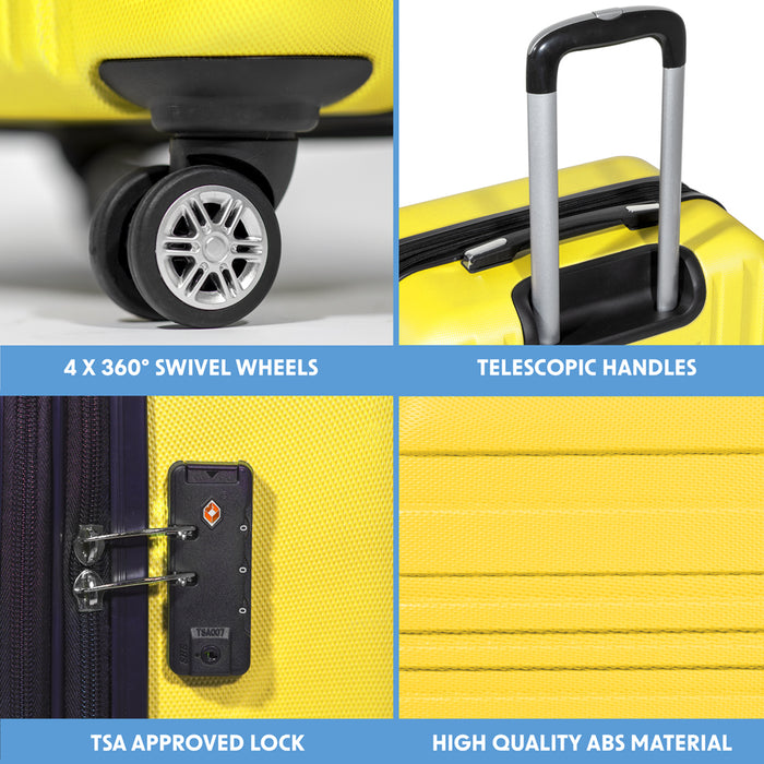 3pc Lightweight ABS Suitcase Set - Wheeled Travel Luggage Yellow 20 24 28" Cases - LoopsDirect