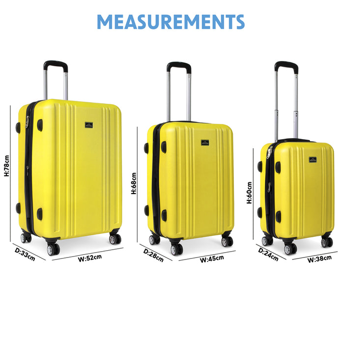 3pc Lightweight ABS Suitcase Set - Wheeled Travel Luggage Yellow 20 24 28" Cases - LoopsDirect