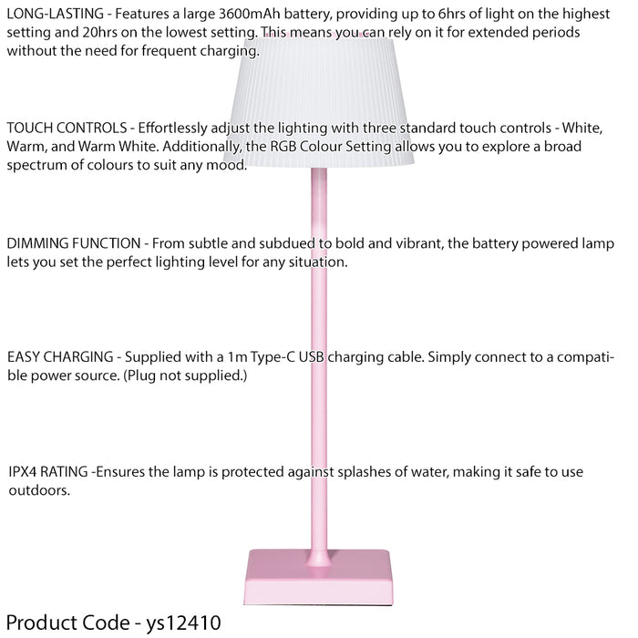 PINK RGB Rechargeable Table Lamp - Multi-Colour Bedside Light Wireless Dimmable
