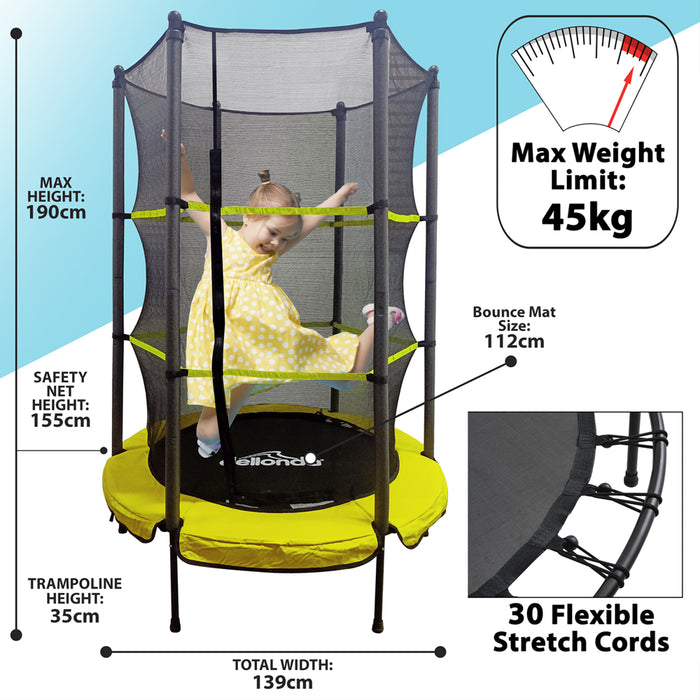 1390mm Kids Mini Trampoline, Safety Net & Ground Anchor Set 45KG Max Garden Jump