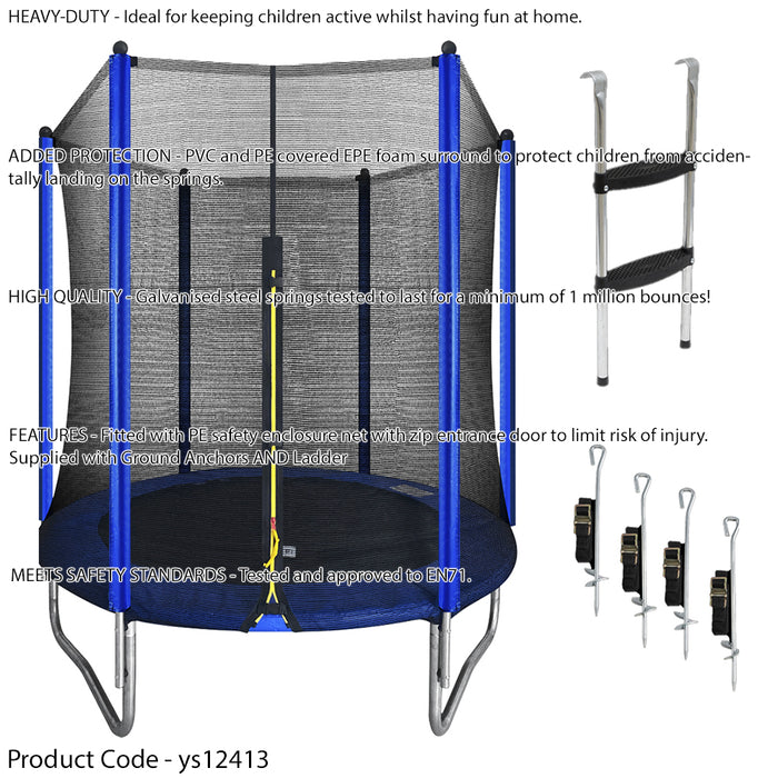 1830mm Kids 6ft Trampoline, Enclosure Net, Ladder & Anchors 50KG Max Garden Jump