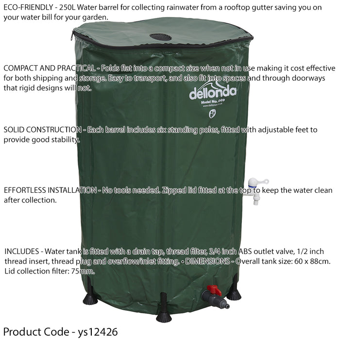 250L Collapsible Garden Water Butt & Drain Tap - Outdoor Storage Gardening Tank - LoopsDirect