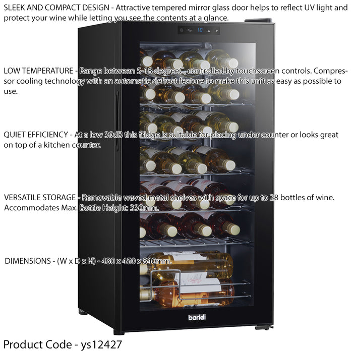 28 Bottle Free Standaing Wine Cooler Fridge - Touch Controls & LED Backlit BLACK