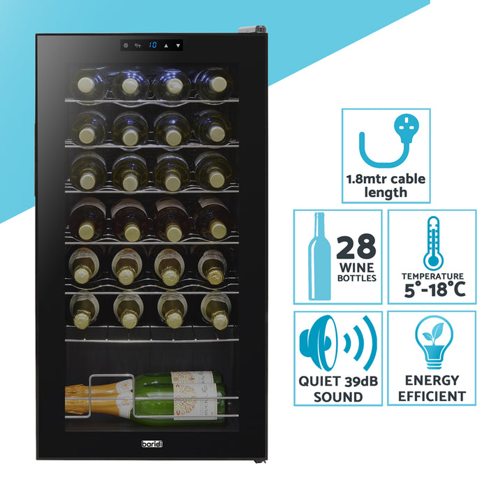 28 Bottle Free Standaing Wine Cooler Fridge - Touch Controls & LED Backlit BLACK