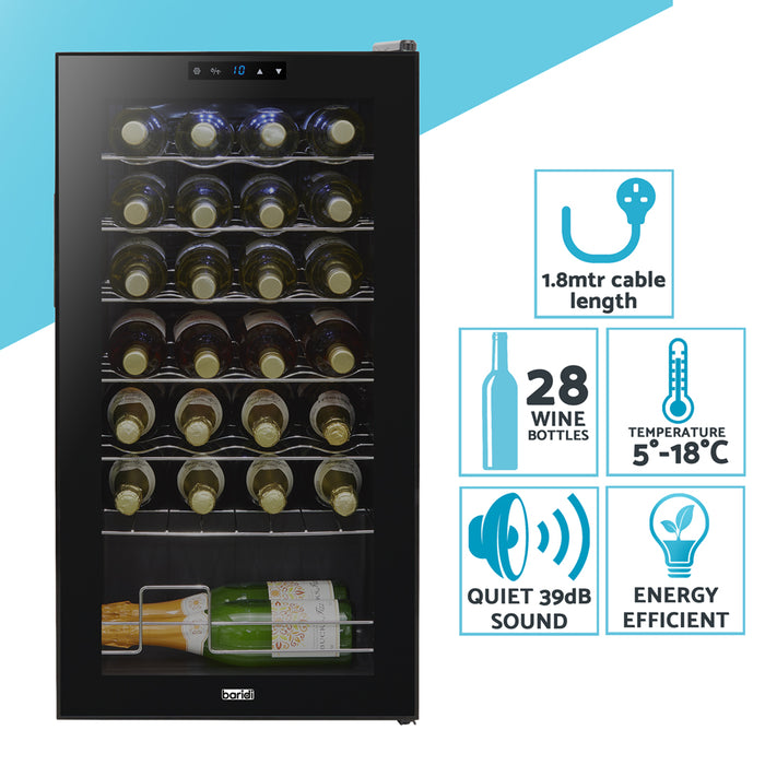 28 Bottle Free Standaing Wine Cooler Fridge - Touch Controls & LED Backlit BLACK - LoopsDirect