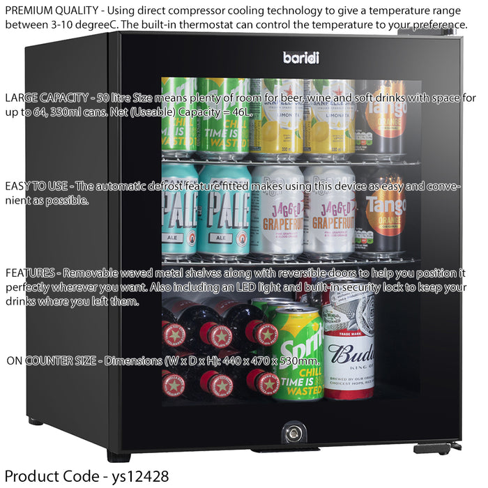 50L Tabletop Beer & Drinks Mini Fridge - 64x 330ml Cans Worktop Cooler BLACK