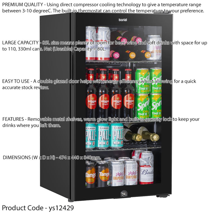 85L Under Counter Wine Beer Drinks Fridge Cooler - Glass Front 110x 330ml Cans