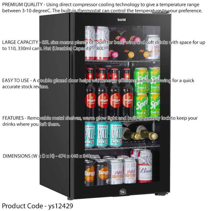 85L Under Counter Wine Beer Drinks Fridge Cooler - Glass Front 110x 330ml Cans - LoopsDirect