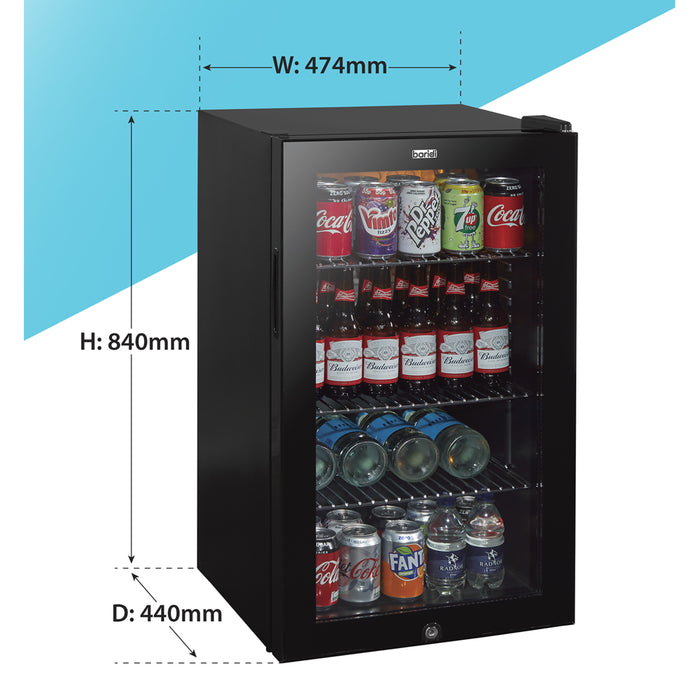 85L Under Counter Wine Beer Drinks Fridge Cooler - Glass Front 110x 330ml Cans - LoopsDirect