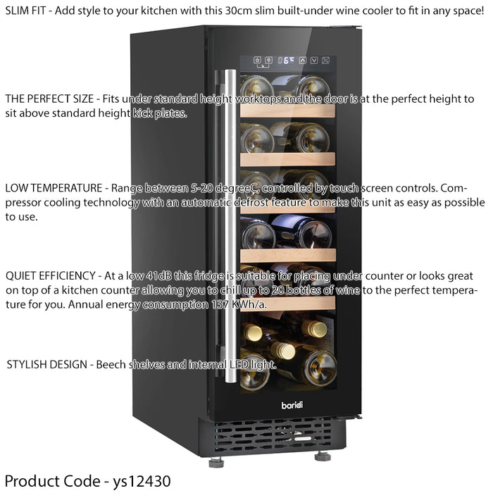 20 Bottle 30cm Built-in Slim Line Wine Cooler Fridge - LED Backlit BLACK - LoopsDirect