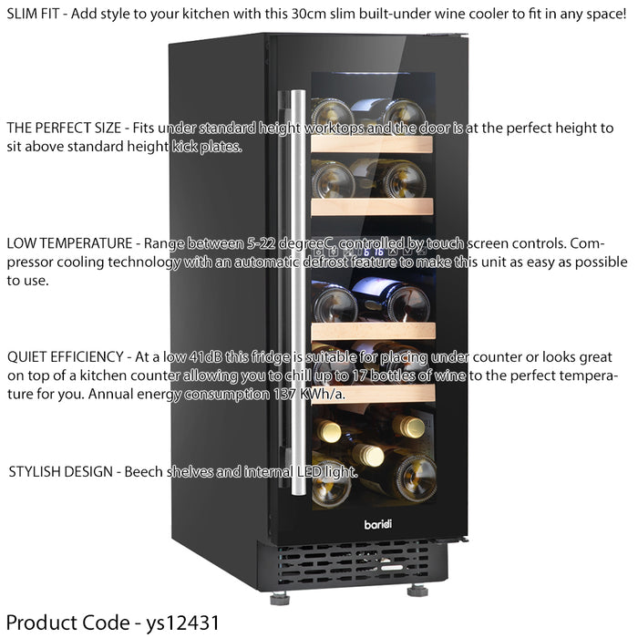 17 Bottle 30cm Built-in Slim Dual Zone Wine Cooler Fridge - LED Backlit BLACK