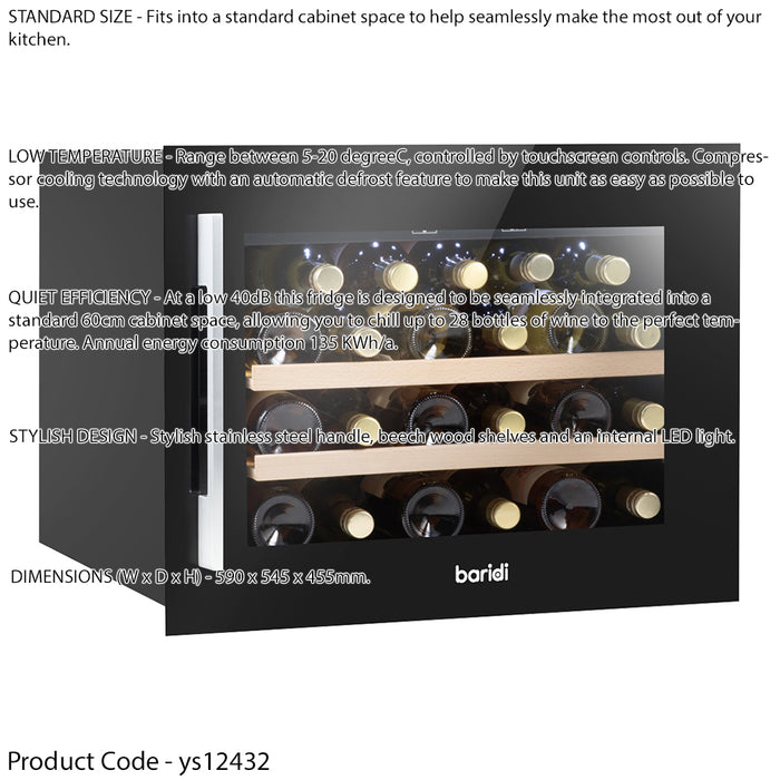 28 Bottle 60cm Built-in Wine Cooler Fridge - Wood Shelves & LED Backlit BLACK
