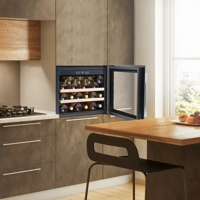 28 Bottle 60cm Built-in Wine Cooler Fridge - Wood Shelves & LED Backlit BLACK - LoopsDirect