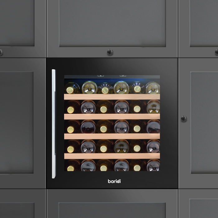 36 Bottle 60cm Built-in Wine Cooler Fridge - Wood Shelves & LED Backlit BLACK - LoopsDirect