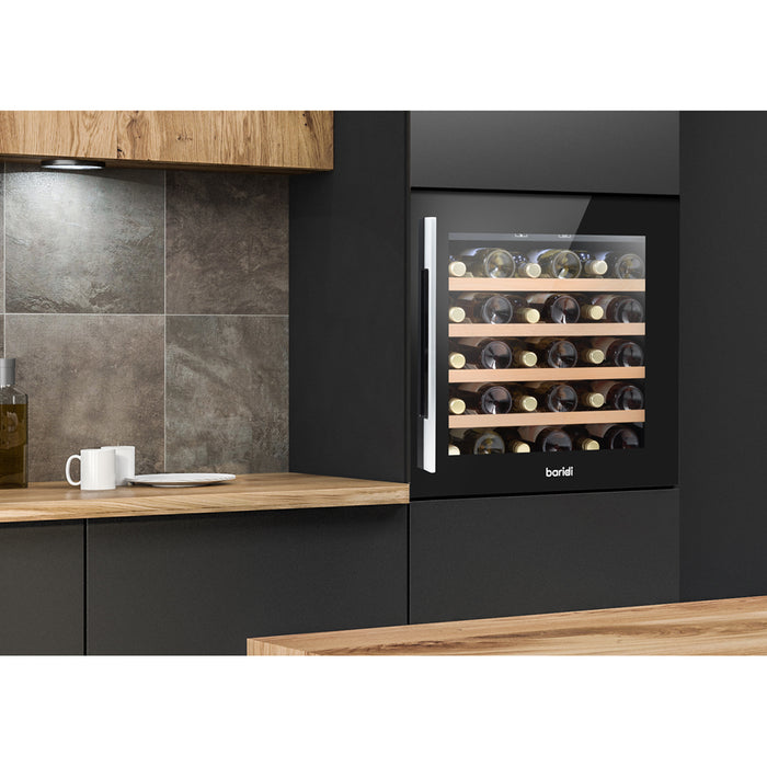 36 Bottle 60cm Built-in Wine Cooler Fridge - Wood Shelves & LED Backlit BLACK - LoopsDirect