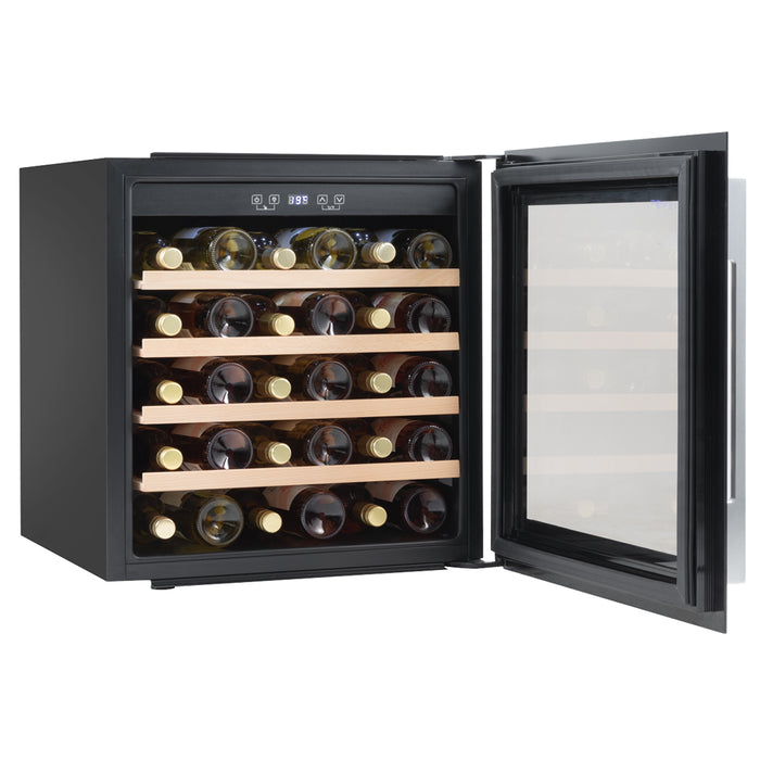 36 Bottle 60cm Built-in Wine Cooler Fridge - Wood Shelves & LED Backlit BLACK - LoopsDirect