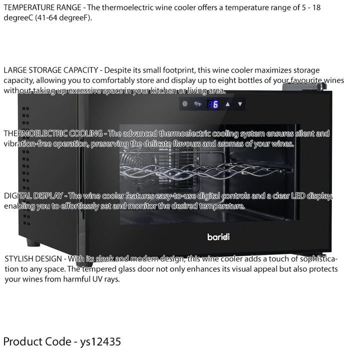 8 Bottle Worktop Wine Cooler Fridge - Thermoelectric & LED Backlit BLACK