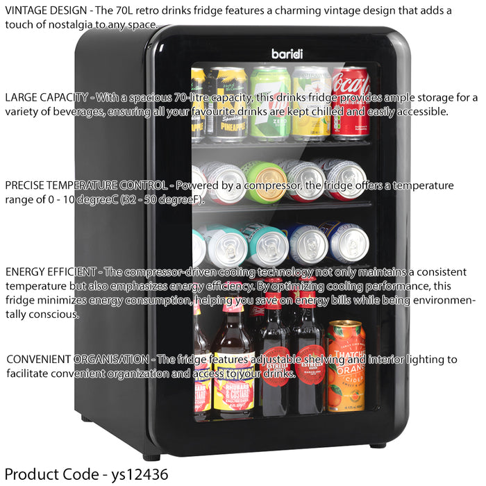 70L Under Counter Wine Beer Drinks Fridge Cooler - Glass Front Retro Style BLACK