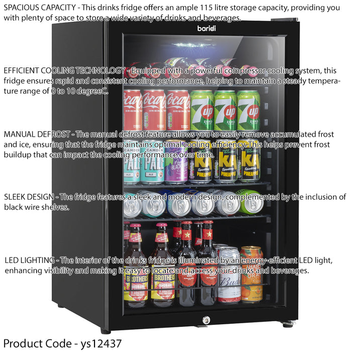 115L Under Counter Wine Beer Drinks Fridge Cooler Glass Front LED Backlit BLACK