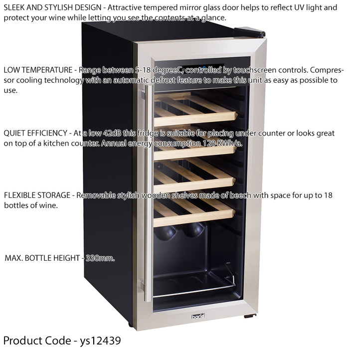 18 Bottle Freestanding Wine Cooler Fridge LED Backlit Wood Shelf STAINLESS STEEL - LoopsDirect