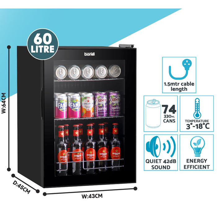 60L Under Counter Wine Beer Drinks Fridge Cooler - BLACK & GLASS 74x 330ml Cans - LoopsDirect