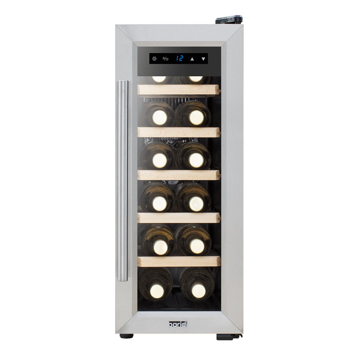 12 Bottle Freestanding Wine Cooler Fridge LED Backlit Metal Shelf STEEL & GLASS