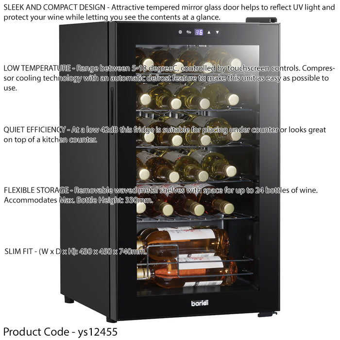 24 Bottle Freestanding Wine Cooler Fridge & Metal Shelves - LED BLACK & GLASS - LoopsDirect