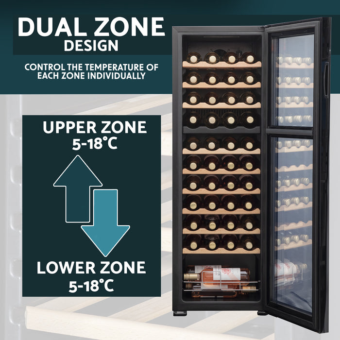 44 Bottle Dual Zone Freestanding Wine Cooler Fridge - LED Backlit BLACK & GLASS - LoopsDirect