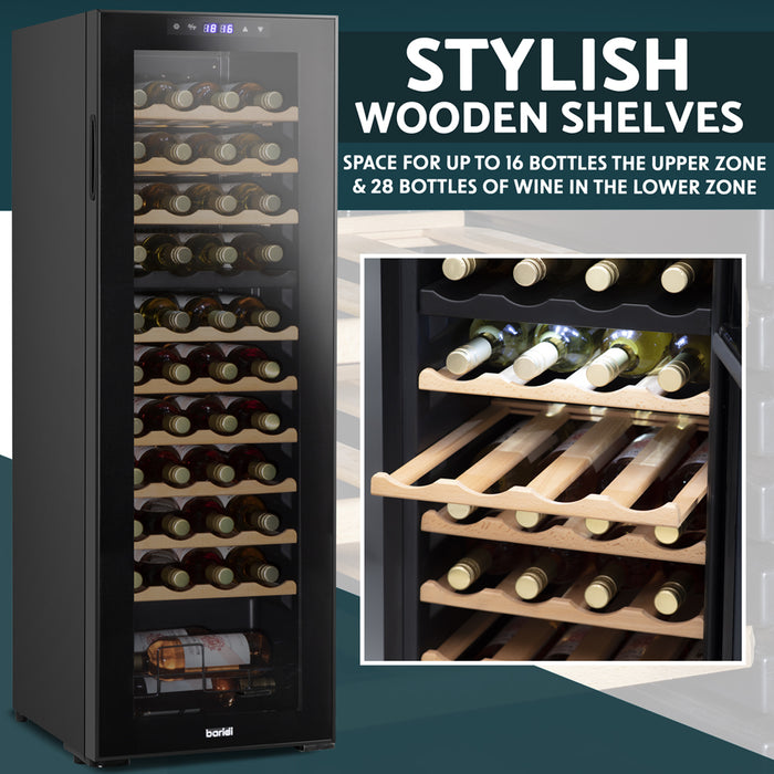 44 Bottle Dual Zone Freestanding Wine Cooler Fridge - LED Backlit BLACK & GLASS - LoopsDirect