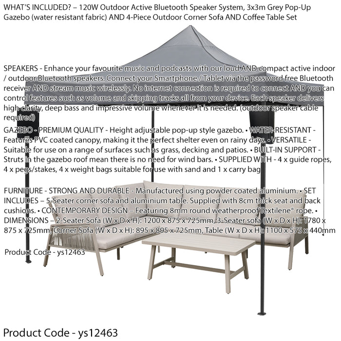 6pc Garden Sofa Set Pop-up Gazebo & Outdoor Speaker System - Coffee Table Party