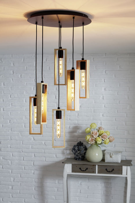 Hanging Ceiling Pendant Light Black & Wood 6 Bulb Multi Lamp Hallway Feature Loops