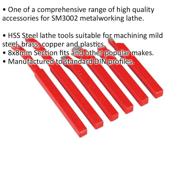 6 Piece HSS Cutter Tool Set - 8 x 8mm Section - Suitable for ys08845 Lathe Loops