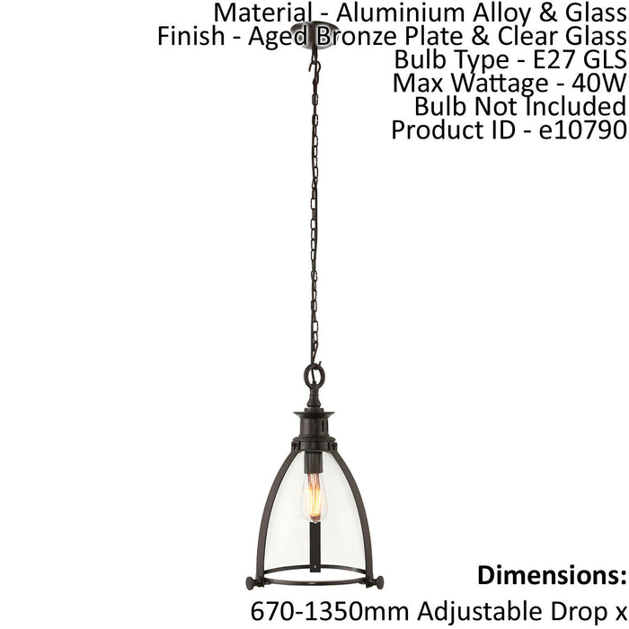 Ceiling Pendant Light Aged Bronze Plate & Clear Glass 40W E27 GLS e10790 Loops