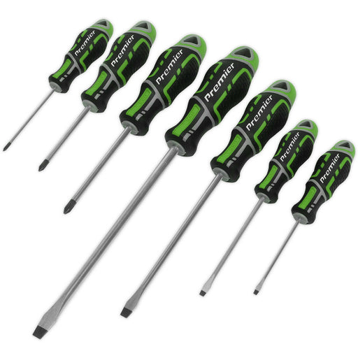 7 PACK Premium Soft Grip Screwdriver Set - Slotted & POZI Various Size GREEN Loops