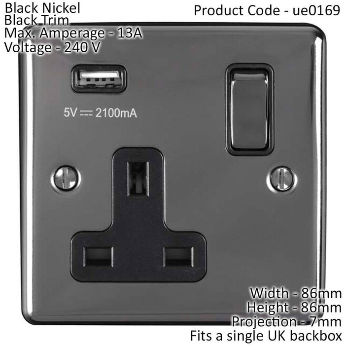 1 Gang Single UK Plug Socket & 2.1A USB Charger BLACK NICKEL 13A Switched Loops