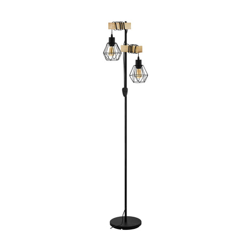 Standing Floor Lamp Light Black Cage Shade & Wood Hangman 2 x 60W E27 Bulb Loops