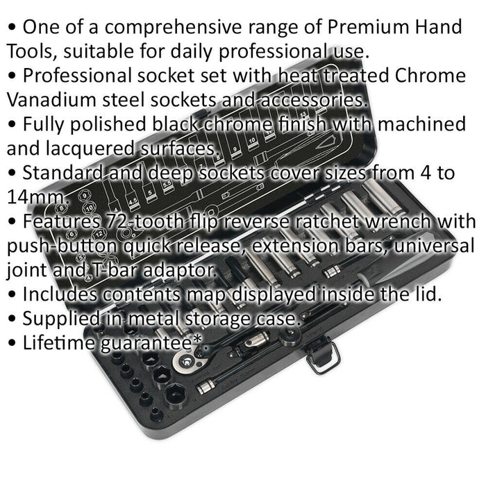 32pc BLACK SERIES Deep Socket & Ratchet Handle Set -1/4" Sq Drive 6 Point Metric Loops