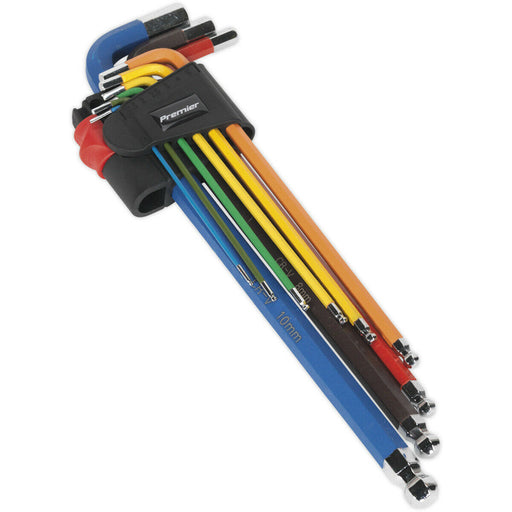 9 Piece Colour Coded Extra-Long Ball-End Hex Key Set - 1.5mm to 10mm Sizes Loops