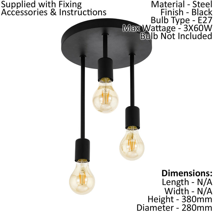 Semi Flush Ceiling Light Black Steel Modern 3 Arm Feature 60W E27 Bulb Loops