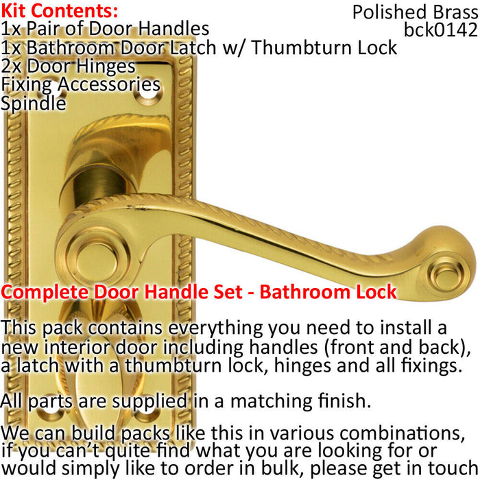Door Handle & Bathroom Lock Pack Brass Short Scroll Thumb Reeded Backplate Loops